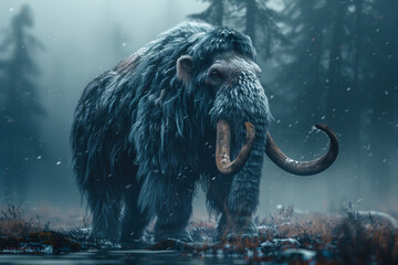Majestic Woolly Mammoth Roams Through Ancient Snowy Forest Banner