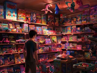 Fototapeta na wymiar A boy stands in front of a toy store with a large selection of toys. The store is brightly lit and the toys are arranged on shelves. The boy appears to be looking at the toys with interest