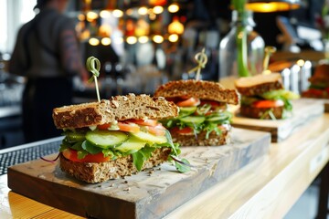 fresh whole grain sandwiches at communal bar