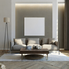 Modern living-room interior. Interior mockup. 3d render. Generative AI.