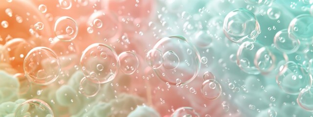 split background featuring soft peach and mint green tones, with scattered circular light shapes reminiscent of bubbles. - obrazy, fototapety, plakaty