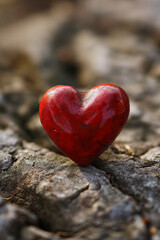 Fototapeta premium Heart shaped stone painted in red color on the background of tree bark. generative AI