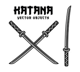 Katana sword set of vector objects or elements in vintage black style on white background