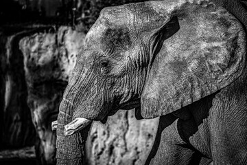 a grey elephant with tusks walking past a stone wall