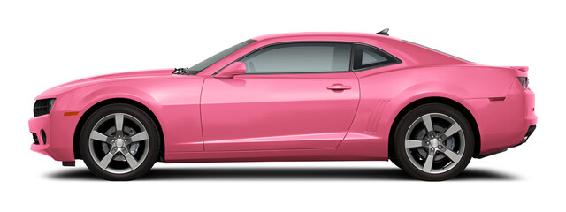 Modern powerful american muscle car in pink color. Side view on a transparent background, in PNG format.