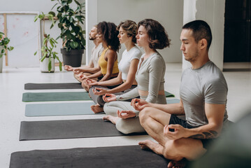 Multiracial friends meditating in row at airy yoga studio - 768799189