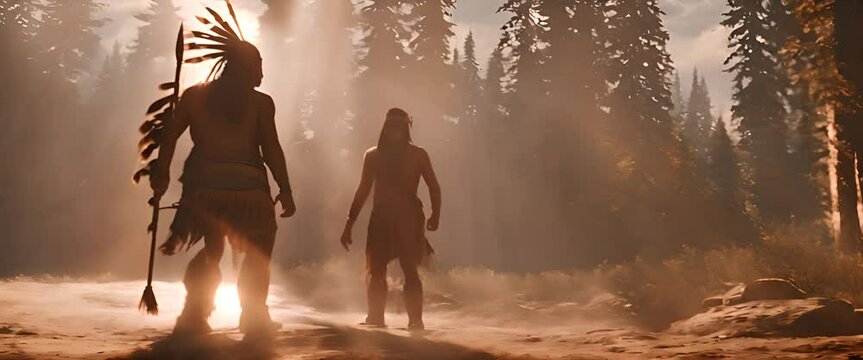 silhouette of Indian tribes wearing warbonnets