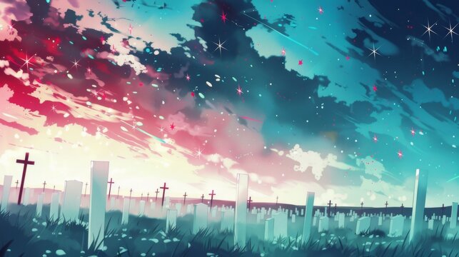 A tranquil dawn breaks over a soldier's cemetery with a sky painted in soft hues and celestial twinkles.