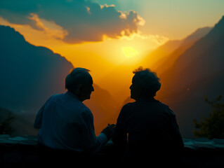 AI generated image of senior couple enjoying beautiful sunset, Sunset serenade: Elderly couple's silhouettes embody timeless love and affection at dusk