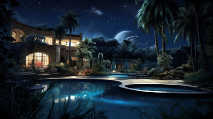 Illustration of a house with swimming pool and palm trees at night
