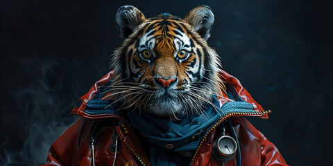 Fierce Fashion Fusion: Tigers Portrait in Stylish Red Jacket - A Wildly Trendsetting Banner