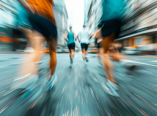 The focused stride of an athlete's feet as they pound the pavement, depicting the intensity and drive of their running journey - obrazy, fototapety, plakaty
