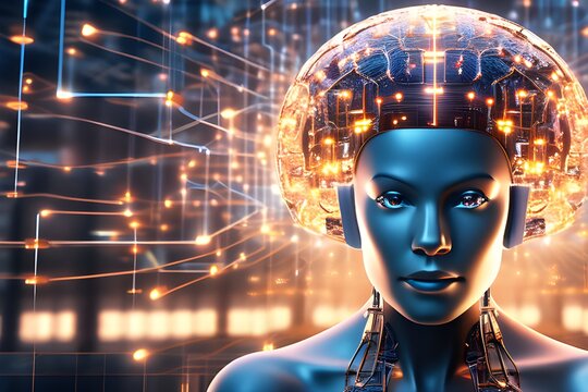 Big data and artificial intelligence concept. Human brain glowing from processor, symbolizing the fusion of human intelligence and machine learning capabilities. Evolution of technology of data.