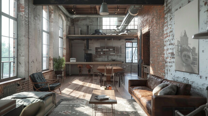 Interior of a loft living room with brick walls and wooden floor