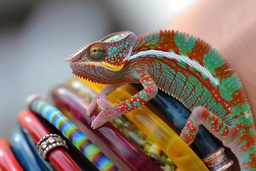  chameleon camouflaged among multicolored bangles on wrist © studioworkstock