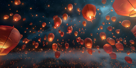  Flying lanterns in the night sky during the diwali festival , yee peng or midautumn day in china concept,Flying lanterns in the night sky during the diwali festival .