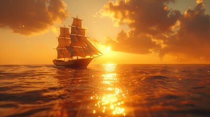 Golden hour sunset, old-style yacht side profile on horizon, sparkling sea, sun haze, in...