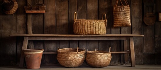 A wooden bench is positioned next to a wooden wall, topped with baskets. The scene is simple and functional, providing storage and seating in a rustic setting.
