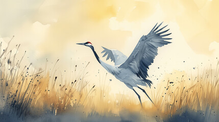 Beautiful watercolor painting of a crane There is a usable area for adding text.