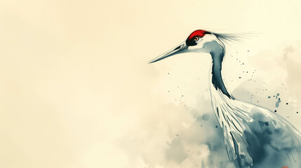Beautiful watercolor painting of a crane There is a usable area for adding text.