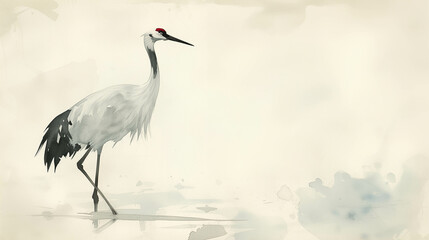 Beautiful watercolor painting of a crane There is a usable area for adding text.