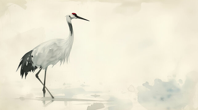 Beautiful watercolor painting of a crane There is a usable area for adding text.