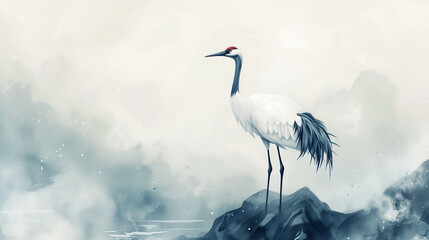 Beautiful watercolor painting of a crane There is a usable area for adding text.