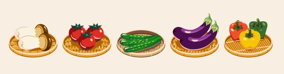 Fotobehang Fresh bell pepper, eggplant, cucumber, tomato and king oyster mushroom placed in bamboo baskets. Vector illustration. Fresh, healthy and organic food. © yuicolourLE
