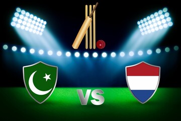 Digital render of flags of Pakistan Vs the Netherlands on a cricket match stadium background