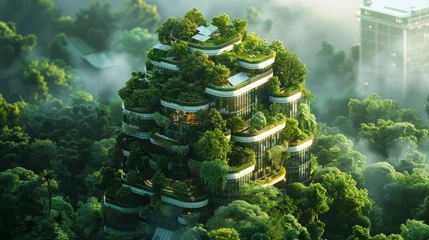 Papier Peint photo Olive verte architectural visualization of a futuristic eco-friendly skyscraper surrounded by lush greenery.