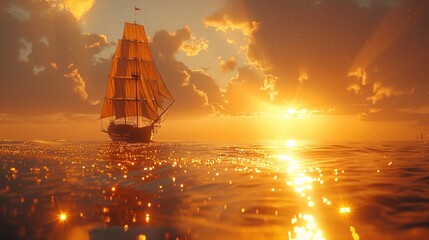 Golden hour sunset, old-style yacht side profile on horizon, sparkling sea, sun haze, in hyperrealistic - obrazy, fototapety, plakaty