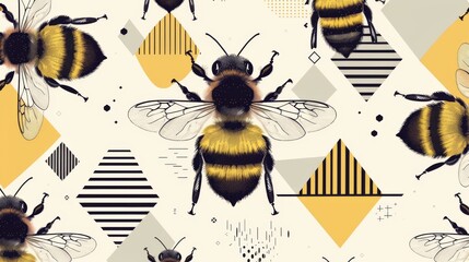 A graphic feast for the eyes, this image combines detailed illustrations of bees with minimalist geometric patterns, presenting a modern take on the natural elegance of bees. - obrazy, fototapety, plakaty