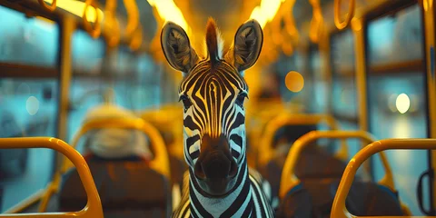 Fotobehang Surreal Commute Experience: Zebra Takes the City Bus at Twilight Banner © Алинка Пад
