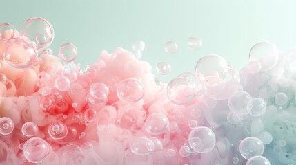 serene canvas with a split background in pastel pink and mint green, featuring clusters of transparent bubbles dispersed harmoniously.