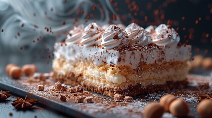 Homemade tiramisu in creative, dramatic lighting. Octane render. Includes space for text.