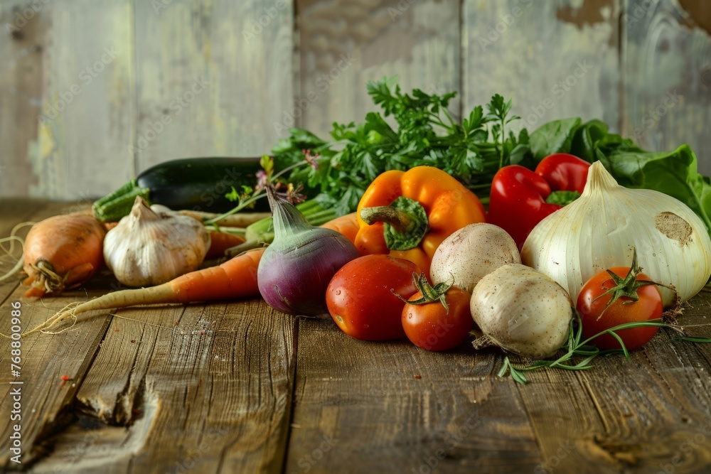 Poster wooden table displaying fresh vegetables local produce at its best