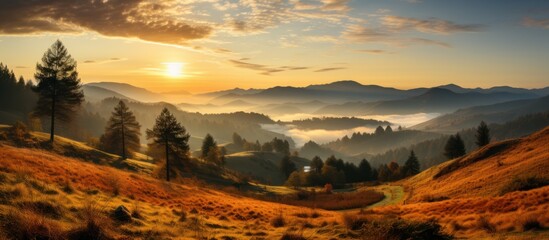 Foggy sunrise in the mountains. Panoramic view. - obrazy, fototapety, plakaty