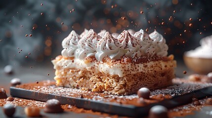 Homemade tiramisu in creative, dramatic lighting. Octane render. Includes space for text.