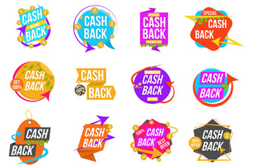 Modern banner design with a set of Cashback tags. Illustration of money back for promotion, sales, discounts. Isolated color sticker, cashback emblem.