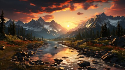 Mountain landscape with river and high peaks at sunset.
