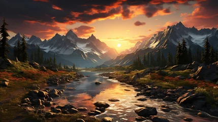 Gordijnen Mountain landscape with river and high peaks at sunset. © WaniArt