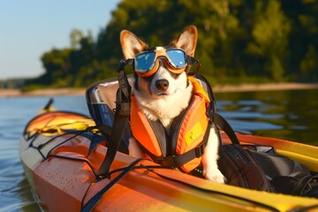 dog in lifejacket and goggles sitting on a kayak