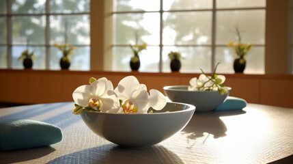spa still life with bowls filled with orchid flowers at the wellness center
