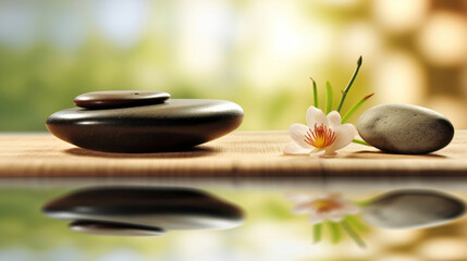spa still life with zen stones and flower on a bamboo table over the reflective water surface, wellness retreats