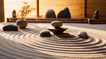 Deurstickers zen garden with sand and stone arrangements, mental wellness, stress-relief techniques, or personal growth  © Anastasia Shkut