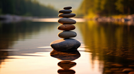 zen stones stacked on reflective river surface on a sunset, a symbol of serenity, for promoting mindfulness practices, meditation retreats, or relaxation techniques