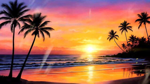 sunset on the beach with summer palm trees. Seamless looping 4k time-lapse video animation background
