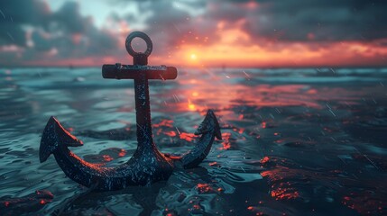 Anchor of Hope:Weathered Nautical Symbol Amid Dramatic Coastal Sunset