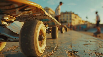 skateboard wheels close-up with removed skateboard, low angle from the floor, background features a bustling skatepark with skaters in a sunny
