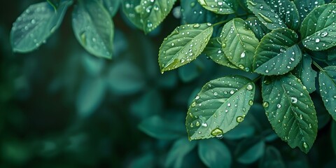 Refreshing Droplets Adorn Vibrant Green Leaves Embodying Nature s Freshness and Splendor - obrazy, fototapety, plakaty